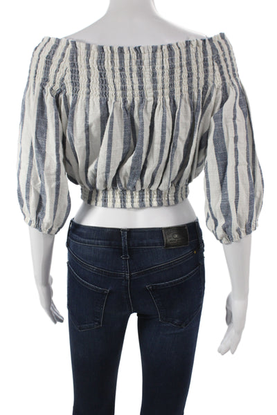 Vintage Havana Women Cropped Off Shoulder Striped Cotton Blouse Blue 3/4 Size S