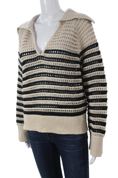 J Crew Womens Collared Striped Cotton Pullover Sweater Beige Size M