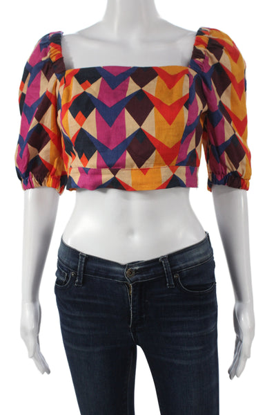 Farm Rio Women Cropped Linen Square Neck Geometric Blouse Short Sleeve Size S