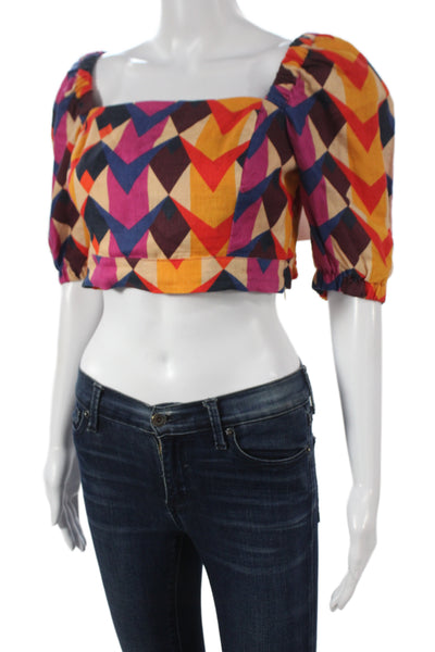 Farm Rio Women Cropped Linen Square Neck Geometric Blouse Short Sleeve Size S