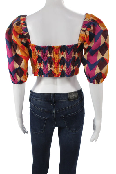 Farm Rio Women Cropped Linen Square Neck Geometric Blouse Short Sleeve Size S