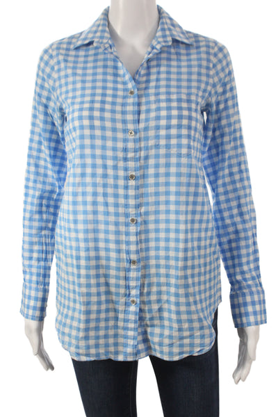 J Crew Women Blue Check 100% Cotton Collared Button-Up Long Sleeve Size 2XS