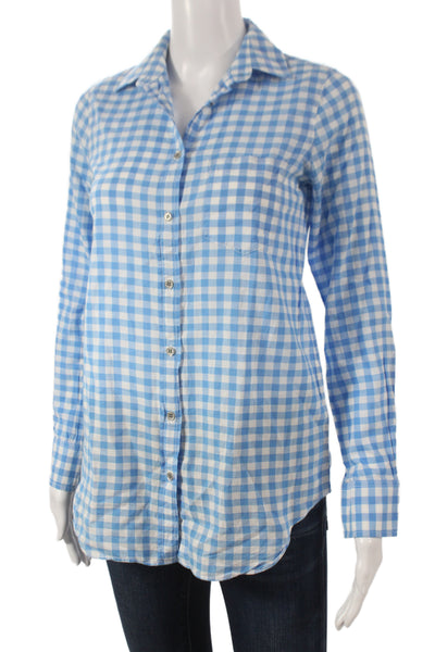 J Crew Women Blue Check 100% Cotton Collared Button-Up Long Sleeve Size 2XS