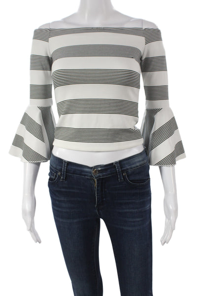 Line & Dot Womens Cropped Off Shoulder Striped Black 3/4 Sleeve Blouse Size XS