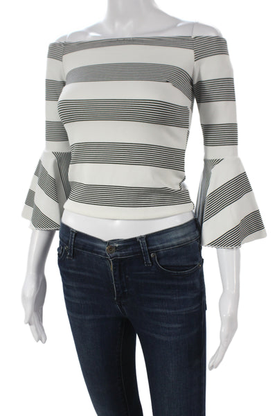 Line & Dot Womens Cropped Off Shoulder Striped Black 3/4 Sleeve Blouse Size XS
