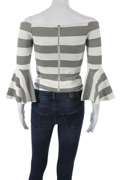Line & Dot Womens Cropped Off Shoulder Striped Black 3/4 Sleeve Blouse Size XS
