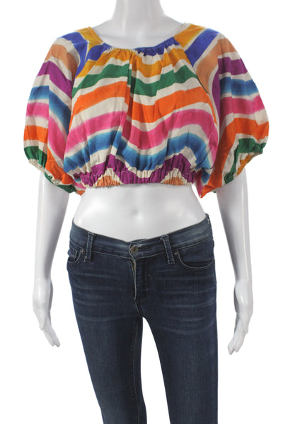 Farm Rio Womens Cropped Striped Cotton Blouse Multicolor Short Sleeve Size S