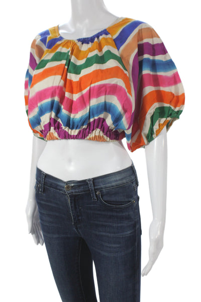 Farm Rio Womens Cropped Striped Cotton Blouse Multicolor Short Sleeve Size S