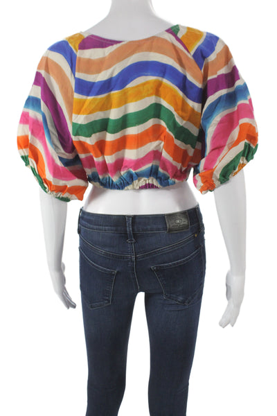 Farm Rio Womens Cropped Striped Cotton Blouse Multicolor Short Sleeve Size S