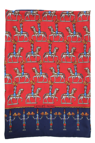 Hermes Womens Silk 'Les Artificiers Carre 90' Scarf Red Navy Blue 90cm X 90cm