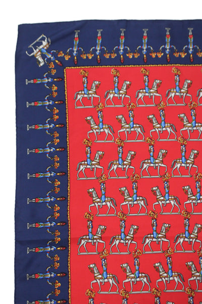 Hermes Womens Silk 'Les Artificiers Carre 90' Scarf Red Navy Blue 90cm X 90cm