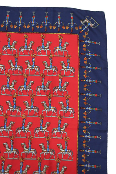 Hermes Womens Silk 'Les Artificiers Carre 90' Scarf Red Navy Blue 90cm X 90cm