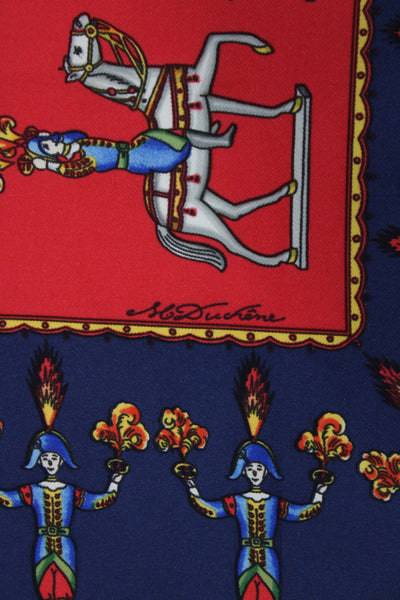 Hermes Womens Silk 'Les Artificiers Carre 90' Scarf Red Navy Blue 90cm X 90cm
