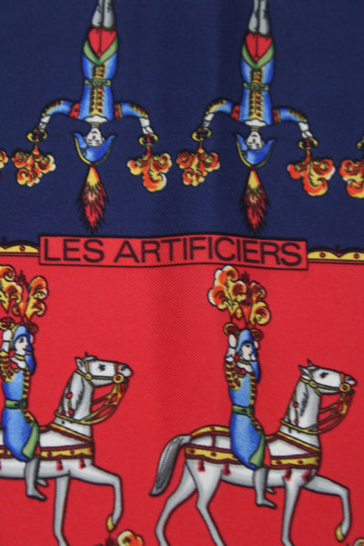 Hermes Womens Silk 'Les Artificiers Carre 90' Scarf Red Navy Blue 90cm X 90cm