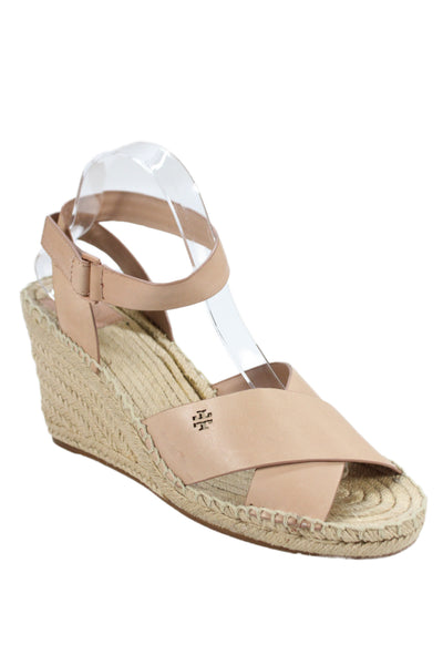 Tory Burch Womens Leather Espadrille Wedge Sandals Beige Size 10.5