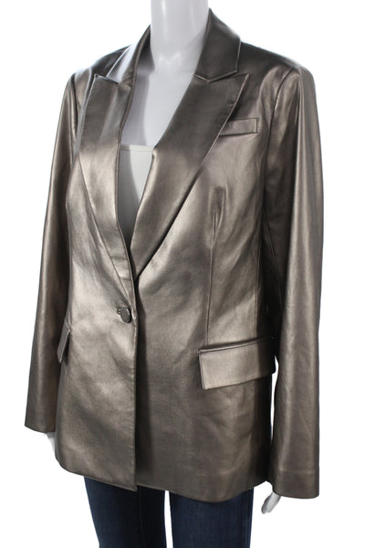 Milly Womens Basic Jacket Silver Polyurethane Button Long Sleeve Size 12