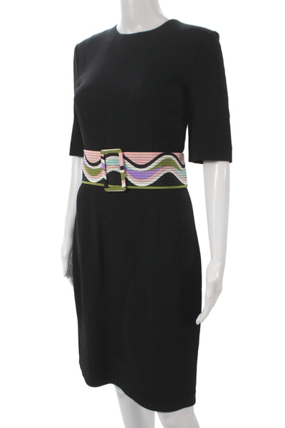 Emilio Pucci Women Sheath Dress Black Virgin Wool Crew Neck Half Sleeve Size 8