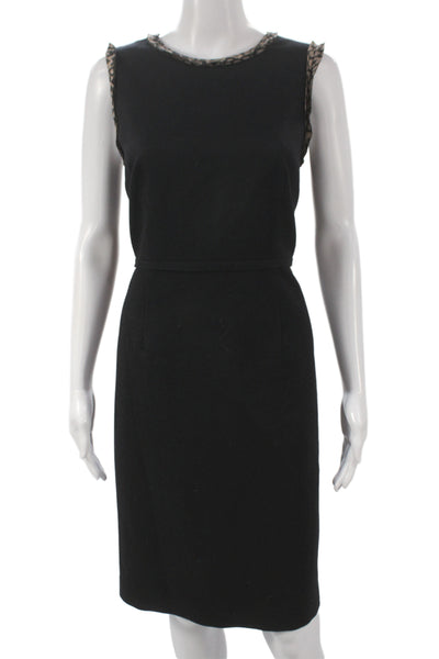 Paule Ka Women Sheath Dress Sleeveless Mid Calf Black Animal Print Wool Size 40