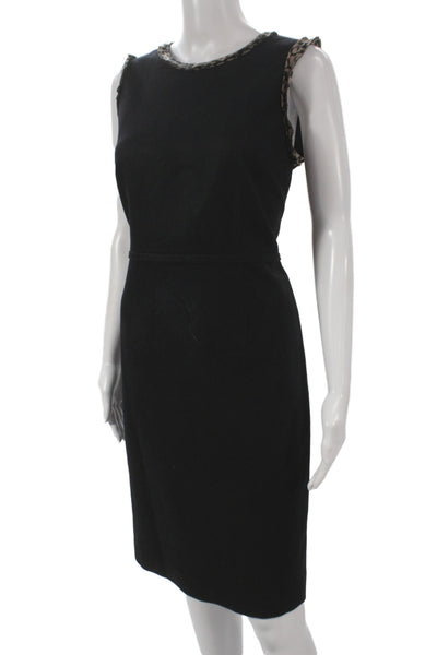 Paule Ka Women Sheath Dress Sleeveless Mid Calf Black Animal Print Wool Size 40