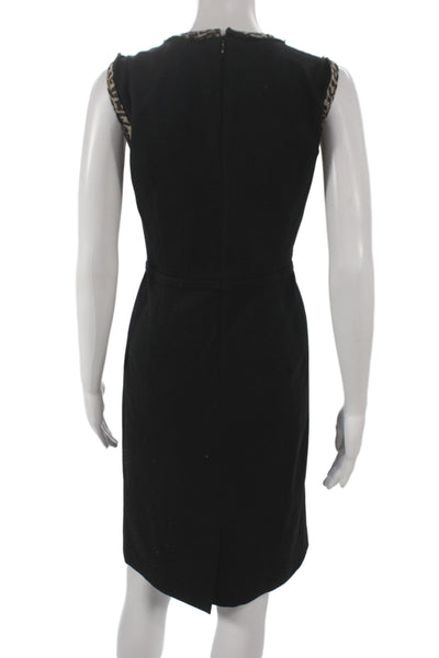 Paule Ka Women Sheath Dress Sleeveless Mid Calf Black Animal Print Wool Size 40