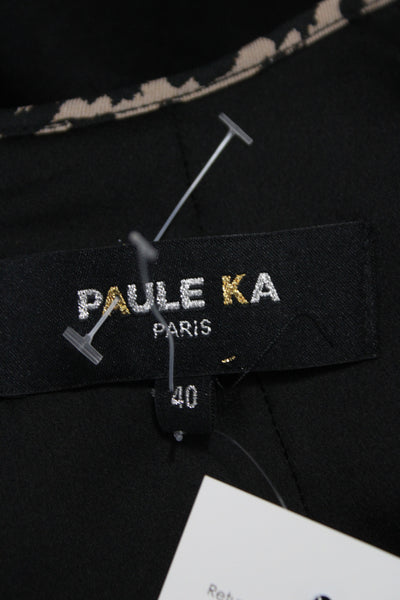 Paule Ka Women Sheath Dress Sleeveless Mid Calf Black Animal Print Wool Size 40
