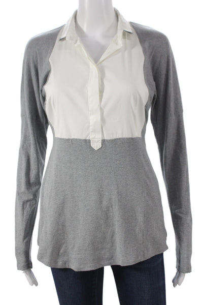 Brunello Cucinelli Women Gray Colorblock Cotton Collared Button-Up Top Size M
