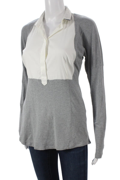 Brunello Cucinelli Women Gray Colorblock Cotton Collared Button-Up Top Size M