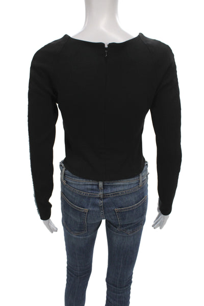 Contessa Mills Womens Black Fringe Blouse Long Sleeve Neck Zip Size XS