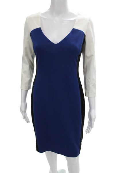 Belle Badgley Mischka Women Sheath Dress Blue Vneck 3/4 Sleeve Knee Size 6