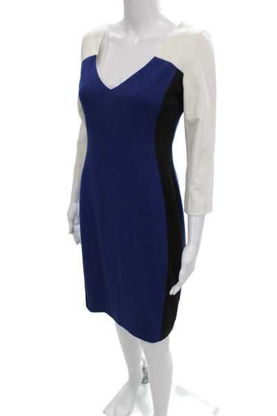 Belle Badgley Mischka Women Sheath Dress Blue Vneck 3/4 Sleeve Knee Size 6