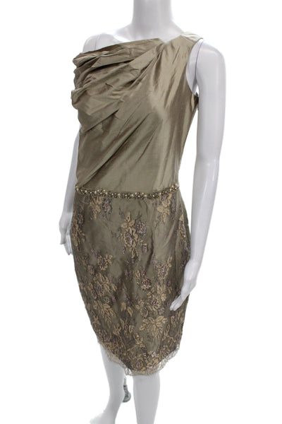 Badgley Mischka Womens Gold Silk One Shoulder Sheath Dress Knee Length Size 10