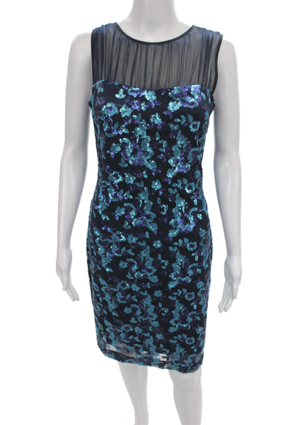 Belle Badgley Mischka Women Blue Sequin Floral Sheath Dress Sleeveless Size 4