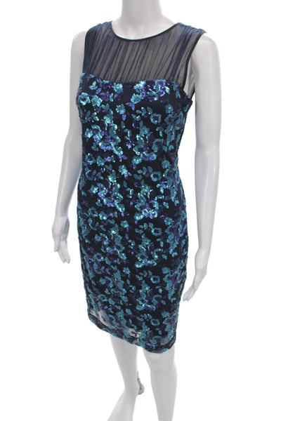 Belle Badgley Mischka Women Blue Sequin Floral Sheath Dress Sleeveless Size 4