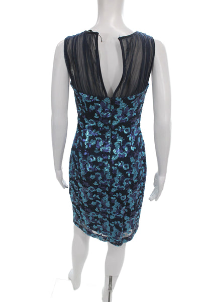 Belle Badgley Mischka Women Blue Sequin Floral Sheath Dress Sleeveless Size 4