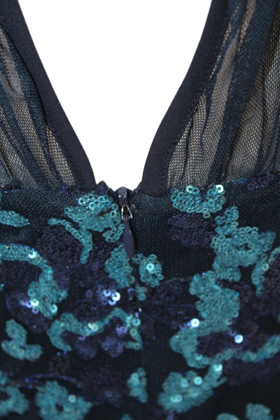 Belle Badgley Mischka Women Blue Sequin Floral Sheath Dress Sleeveless Size 4