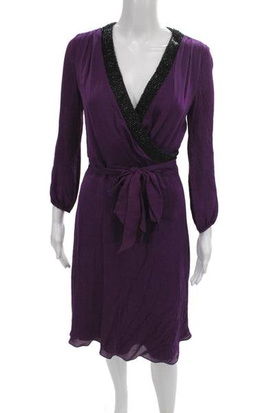 Belle Badgley Mischka Women Wrap Dress Purple V Neck Long Sleeve Size 4