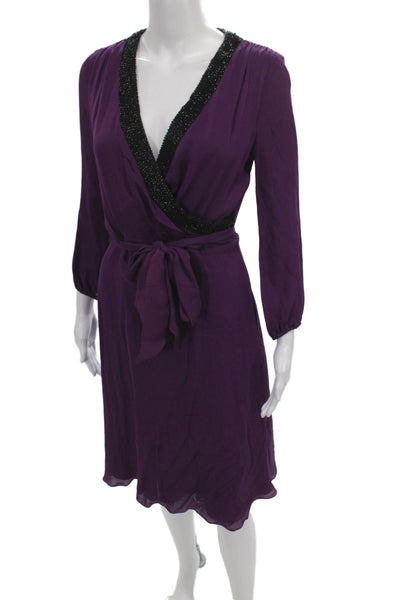 Belle Badgley Mischka Women Wrap Dress Purple V Neck Long Sleeve Size 4