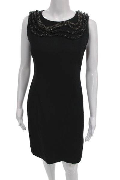 Badgley Mischka Womens Black Beaded Sheath Dress Wool Knee Length Size 6