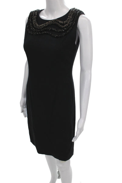 Badgley Mischka Womens Black Beaded Sheath Dress Wool Knee Length Size 6