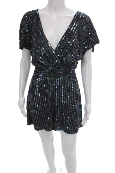 Badgley Mischka Women Sequin Striped Vneck Short Sleeve Romper Black Zip Size 4