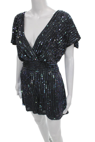 Badgley Mischka Women Sequin Striped Vneck Short Sleeve Romper Black Zip Size 4