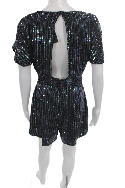 Badgley Mischka Women Sequin Striped Vneck Short Sleeve Romper Black Zip Size 4