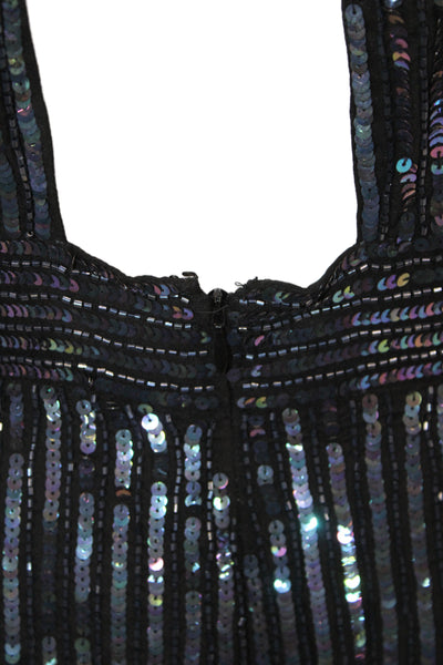 Badgley Mischka Women Sequin Striped Vneck Short Sleeve Romper Black Zip Size 4