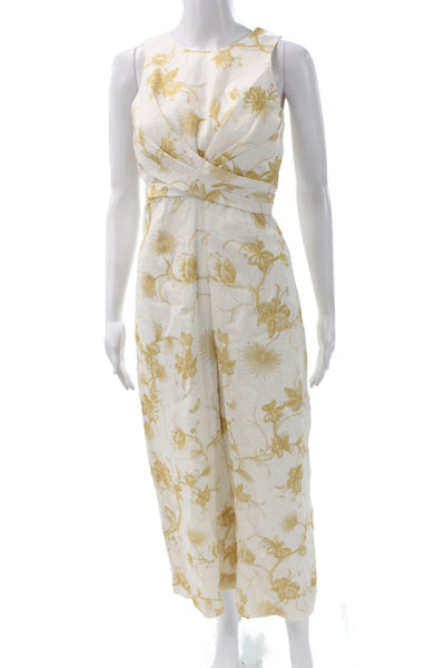 Zimmermann Womens Jumpsuit Ivory Linen Sleeveless Floral Round Neck Zip Size 0