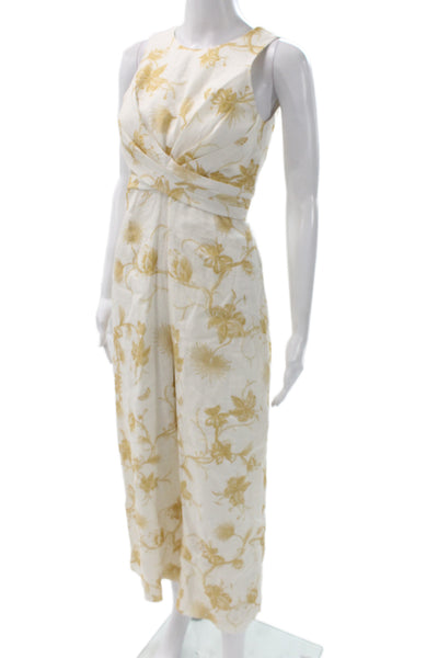 Zimmermann Womens Jumpsuit Ivory Linen Sleeveless Floral Round Neck Zip Size 0