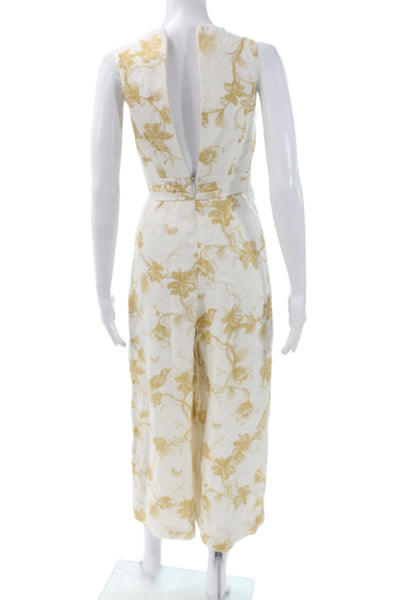Zimmermann Womens Jumpsuit Ivory Linen Sleeveless Floral Round Neck Zip Size 0
