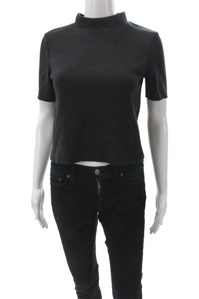 Zara Womens Black Cotton Mock Neck Short Sleeve Basic Pullover T-Shirt Size S