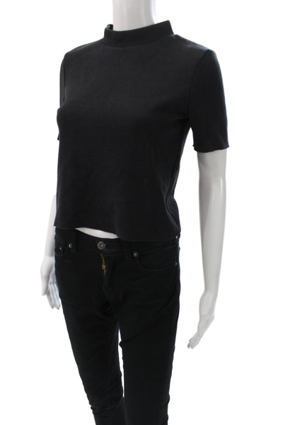 Zara Womens Black Cotton Mock Neck Short Sleeve Basic Pullover T-Shirt Size S