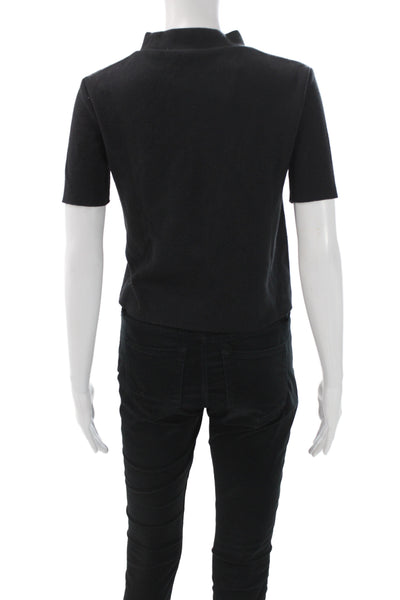 Zara Womens Black Cotton Mock Neck Short Sleeve Basic Pullover T-Shirt Size S