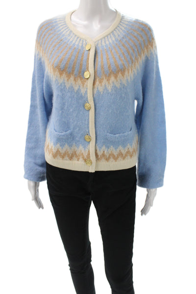 J Crew Womens Fair Isle Cardigan Blue Long Sleeve Round Neck Size M